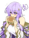  1girl bare_shoulders burger circlet dress eating fire_emblem fire_emblem:_genealogy_of_the_holy_war food holding holding_burger holding_food julia_(fire_emblem) long_hair purple_eyes purple_hair simple_background solo wide_sleeves yukia_(firstaid0) 