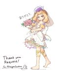  1girl alternate_costume back_bow bare_legs barefoot blonde_hair boutique bow breasts cleavage closed_mouth collarbone commentary_request commission dress flower forehead full_body happy highres leg_ribbon looking_at_viewer magatama medium_hair pink_flower pink_rose primsla ribbon rose simple_background small_breasts smile solo standing tamatsukuri_misumaru tiara touhou translated waist_bow wedding_dress white_background white_dress yellow_eyes yellow_ribbon 