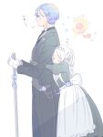  1boy 1girl apron black_dress black_jacket black_pants black_suit blue_flower blue_hair cane closed_mouth dress elf flower frieren from_side gloves height_difference hetero highres holding holding_cane hug hug_from_behind jacket juliet_sleeves long_sleeves maid maid_apron mole mole_under_eye pants pointy_ears puff_of_air puffy_sleeves sachinyopo short_hair simple_background sousou_no_frieren suit thick_eyebrows translation_request tuxedo twintails white_apron white_background white_gloves white_hair 