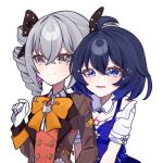  2girls :d black_bow black_hair blue_eyes blue_hair blush bow bronya_zaychik brown_jacket closed_mouth collared_shirt commentary_request drill_hair gloves grey_eyes grey_hair hair_between_eyes hair_bow highres honkai_(series) honkai_impact_3rd jacket long_sleeves multicolored_hair multiple_girls orange_bow pino_(pino2452) polka_dot polka_dot_bow red_vest seele_vollerei shirt short_sleeves simple_background smile sparkle striped_clothes striped_shirt twin_drills twintails two-tone_hair upper_body vertical-striped_clothes vertical-striped_shirt vest white_background white_gloves white_shirt 