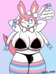  2024 3:4 3d_(artwork) anthro big_breasts bikini blista_kanjo bow_(feature) bow_accessory bow_ribbon bra breasts bulge clothed clothing digital_media_(artwork) eeveelution english_text fur generation_6_pokemon gynomorph hair happy hi_res huge_breasts intersex legwear looking_at_viewer mammal navel nintendo open_mouth panties pink_body pink_hair pokemon pokemon_(species) pose shaded signature simple_background solo solo_focus speech_bubble swimwear sylveon text thick_thighs underwear watermark wide_hips 