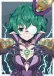  1girl black_dress black_gloves breasts cleavage collarbone commentary_request dress electricity electrokinesis glasses gloves green_eyes green_hair grin hair_between_eyes highres light_bulb looking_at_viewer makibane_(mkbane) opaque_glasses pandoria_(xenoblade) partially_opaque_glasses pointy_ears purple_gloves round_eyewear small_breasts smile solo striped_clothes striped_dress tilted_headwear upper_body vertical-striped_clothes vertical-striped_dress xenoblade_chronicles_(series) xenoblade_chronicles_2 