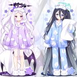  2girls absurdly_long_hair aris_(blue_archive) black_hair black_horns blue_archive blue_eyes blue_pajamas blush closed_mouth demon_horns demon_wings full_body green_halo halo hina_(blue_archive) horns long_hair multiple_girls one_side_up pajamas pillow purple_eyes purple_pajamas purple_wings sleeves_past_fingers sleeves_past_wrists slippers subin_(subin_2011) twitter_username very_long_hair white_hair wings zoom_layer 
