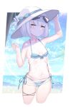  1girl bare_arms bare_shoulders beach bikini blue_bikini blush bob_cut border bow breasts closed_mouth cowboy_shot cropped_legs eyewear_on_head flower hand_on_headwear hand_up hat hat_bow hat_flower highres looking_at_viewer navel ocean sarong sketch small_breasts solo sun_hat sunglasses swimsuit unizou viprpg white_border white_hair white_headwear yellow_eyes 
