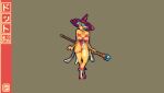  1girl blue_hair breasts full_body hat holding holding_staff large_breasts mykar original pixel_art pointy_ears short_hair simple_background solo staff standing witch_hat 