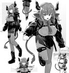  1girl animal_ears arknights bangs boots breasts cow_ears cow_girl cow_tail greyscale grin high-waist_skirt highres horns iwashi_80 jacket long_sleeves monochrome necktie official_alternate_costume open_mouth pantyhose pencil_skirt short_hair sideroca_(arknights) sideroca_(light_breeze)_(arknights) skirt smile solo symbol-only_commentary tail 