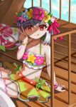  1girl bangs bare_shoulders bikini blush breasts collarbone fate/grand_order fate_(series) flower_wreath green_bikini hair_ribbon head_wreath innertube kama_(fate) kama_(swimsuit_avenger)_(fate) licking_lips looking_at_viewer m0_chi miniskirt navel rainbow_skirt red_eyes ribbon short_hair silver_hair sitting skirt small_breasts smile solo swimsuit thighhighs thighs tongue tongue_out v white_legwear 