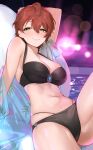  1girl arm_up bikini black_bikini blurry bokeh breasts brooch brown_hair commentary_request commission depth_of_field hair_between_eyes highres idolmaster idolmaster_cinderella_girls jewelry koyo_akio large_breasts looking_at_viewer navel necklace night outdoors pool poolside short_hair skeb_commission skindentation smile solo swimsuit yellow_eyes yoshioka_saki 