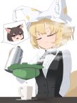  2girls :3 absurdres animal_ear_fluff animal_ear_headwear animal_ear_piercing animal_ears arm_behind_back asakura_haru black_bow black_bowtie black_vest blonde_hair bow bowtie breasts cat_ears chen closed_eyes closed_mouth coffee coffee_mug collared_shirt colored_inner_animal_ears commentary_request cup disgust dot_nose double-parted_bangs dripping fox_tail frilled_shirt frills furrowed_brow hat highres holding_kettle jitome long_sleeves medium_breasts mob_cap mug multiple_girls pleated_shirt pouring pouring_through_clothes shirt short_hair simple_background solo_focus spoken_expression standing steam tail touhou upper_body vest white_background white_shirt yakumo_ran 