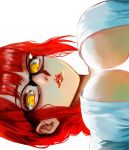  1girl breasts chainsaw_man commentary_request glasses large_breasts looking_at_viewer makima_(chainsaw_man) nose open_clothes open_shirt parted_lips red_hair red_lips ringed_eyes shirt sideways solo upper_body vcais white_background white_shirt yellow_eyes 