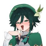  1boy beret black_bow black_hair blush bow braid finger_to_mouth flasso flower genshin_impact gradient_hair green_eyes green_hair hair_between_eyes hat hat_flower long_sleeves male_focus multicolored_hair naughty_face open_mouth otoko_no_ko saliva simple_background solo sweat twin_braids upper_body venti_(genshin_impact) white_background 