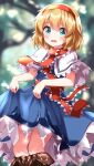  1girl alice_margatroid blonde_hair blue_dress blue_eyes blurry blurry_background capelet dress hairband highres lifted_by_self looking_at_viewer open_mouth red_hairband ruu_(tksymkw) short_hair solo touhou wet wet_clothes wet_dress white_capelet 