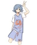  1girl absurdres alternate_costume basketball_uniform blue_hair bocchi_the_rock! english_commentary hair_ornament hairclip highres machuuu68 medium_hair mole mole_under_eye one_eye_closed open_mouth shorts sportswear sweat twitter_username undershirt uniform v white_undershirt yamada_ryo yellow_eyes 