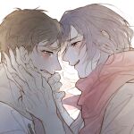  1boy 1girl black_hair blue_eyes blush brown_hair crying eren_yeager forehead-to-forehead from_side g321377377 hands_on_another&#039;s_face heads_together looking_at_viewer mikasa_ackerman parted_lips profile red_scarf scarf shingeki_no_kyojin short_hair smile teardrop tears upper_body 