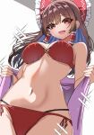  1girl absurdres alternate_costume bikini bow brown_hair commentary frilled_bow frilled_hair_tubes frills hair_bow hair_tubes hakurei_reimu highres kiui_(dagk8254) long_hair looking_at_viewer midriff navel open_mouth red_bikini red_bow red_eyes smile solo swimsuit touhou 