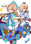  1girl aqua_bodysuit aqua_eyes aqua_gloves arm_up artist_logo artist_name ass blonde_hair bodysuit breasts brooch covered_nipples crown earrings gloves hair_over_one_eye highres jewelry large_breasts long_hair looking_at_viewer looking_back mario_(series) mario_kart mini_crown motor_vehicle multiple_views rosalina simple_background star_(symbol) star_brooch star_earrings toggy_keiichi two-tone_bodysuit white_background white_bodysuit 