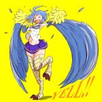  1:1 2019 ahoge avian blue_body blue_bottomwear blue_clothing blue_feathers blue_hair blue_skirt bottomwear breasts cheerleader cleavage clothed clothing crotch_lines english_text european_mythology exclamation_point eyes_closed feathered_wings feathers feet female greek_mythology hair harpy hi_res hinekure7 humanoid monster_girl_(genre) monster_musume mythological_avian mythological_creature mythology navel on_one_leg open_mouth papi_(monster_musume) pattern_bottomwear pattern_clothing pattern_shirt pattern_skirt pattern_tank_top pattern_topwear pom_poms raised_leg scuted_legs scutes shirt simple_background skirt solo standing striped_bottomwear striped_clothing striped_shirt striped_skirt striped_tank_top striped_topwear stripes talons tank_top teeth text toes topwear wings yellow_background yellow_pom_poms 