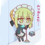  1girl apron artoria_pendragon_(fate) black_footwear black_jacket black_skirt black_thighhighs blonde_hair blush braid braided_bun brown_eyes chibi closed_mouth commentary_request fate/grand_order fate_(series) food full_body hair_between_eyes hair_bun holding holding_food hood hood_down hooded_jacket indoors jacket kasuga_yuuki maid_headdress mop navel open_clothes open_jacket popsicle saber_alter shoes skirt small_sweatdrop solo standing sweat thighhighs translation_request waist_apron white_apron 