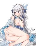  1girl absurdres after_anal after_sex after_vaginal anal_fingering arknights blue_dress blue_petals blue_ribbon blush bow breasts breasts_out commentary_request cum cum_in_ass cum_in_pussy cum_on_body cum_on_breasts dated dress fingering gaoling_gangqin hair_bow hair_petal heart heart-shaped_pupils highres long_hair medium_breasts mulberry_(arknights) mulberry_(reflection_that_of_the_moons)_(arknights) nipples official_alternate_costume open_mouth pink_eyes ribbon see-through see-through_sleeves simple_background sleeves_past_fingers sleeves_past_wrists solo symbol-shaped_pupils very_long_hair very_long_sleeves white_background white_hair 