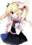  1girl 1other absurdres ahoge bag black_dress black_ribbon blonde_hair blue_dress blue_eyes blue_scrunchie blush bow bowtie clenched_hands collared_shirt disembodied_limb dress fang fanny_pack floating_hair grisaia_(series) grisaia_no_kajitsu hair_between_eyes hair_ribbon hand_on_another&#039;s_head hands_up headpat highres long_hair looking_at_viewer matsushima_michiru one_eye_closed open_mouth out_of_frame pink_bag plaid plaid_bow red_bow red_bowtie ribbon sailor_collar sailor_dress school_uniform scrunchie serafuku shirt short_sleeves simple_background skin_fang sweatdrop takepoison twintails white_background white_sailor_collar white_shirt wrist_scrunchie 