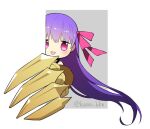  1girl blush border chibi chibi_only claws fate/extra fate/extra_ccc fate_(series) grey_background hair_between_eyes kaidou_j1 long_hair no_nose passionlip_(fate) peeking_out pink_eyes pink_ribbon purple_hair ribbon solo twitter_username very_long_hair white_border 