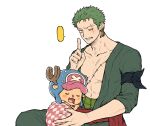  2boys armband bare_pectorals blank_speech_bubble blue_hat blush_stickers drooling earrings finger_to_mouth furry furry_male green_hair grimace hat japanese_clothes jewelry male_focus mouth_drool multiple_boys one_piece pectorals roronoa_zoro scar scar_across_eye scar_on_chest short_hair shushing sleeping speech_bubble tong_noe tony_tony_chopper 