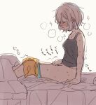  1girl absurdres aoba_moca arm_support bang_dream! camisole closed_eyes clothes_pull female_masturbation fingering from_side grey_hair highres masturbation on_bed profile short_hair shorts shorts_pull sitting sketch solo sweat zawameki 