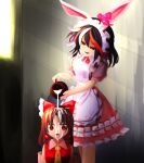  2girls absurdres alternate_costume animal_ears apron ascot black_hair bow brown_hair dress enmaided fake_animal_ears fine_art_parody frilled_apron frilled_dress frills garakuraku hair_bow hakurei_reimu highres holding holding_jar indoors jar kijin_seija looking_at_another maid maid_headdress medium_hair milk multiple_girls orange_eyes parody parted_lips pouring pouring_onto_another rabbit_ears red_bow red_dress red_eyes red_vest short_sleeves standing sunlight the_milkmaid touhou vest white_apron window yellow_ascot 
