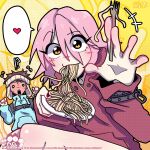  1boy 1girl cat eating flcl food hair_between_eyes haruhara_haruko highres hood hoodie issbrokie nandaba_naota pasta red_hoodie short_hair spaghetti takkun_(flcl) watermark 