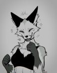 2024 anthro canid canine clothed clothing digital_media_(artwork) eyes_closed falvie female fox fur gloves_(marking) grey_background hi_res inner_ear_fluff mammal markings midriff open_mouth open_smile piercing signature simple_background smile solo the_fox_(falvie) tuft 