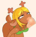  anthro antlers arteficialtrees bedroom_eyes blonde_hair bottomless butt clothed clothing deltarune duo eye_roll fellatio female hair horn human male male/female mammal narrowed_eyes noelle_holiday oral penile penis_in_mouth scut_tail seductive sex short_tail tail tongue tongue_out topwear topwear_only undertale_(series) 