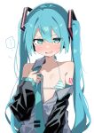  ... 1girl @_@ ahoge aqua_bra aqua_eyes aqua_hair aqua_necktie bare_shoulders black_sleeves blush bra breasts collarbone commentary detached_sleeves dot_nose double-parted_bangs flying_sweatdrops grey_shirt hair_ornament half-closed_eyes hatsune_miku headset highres long_hair looking_at_viewer loose_hair_strand maud0239 necktie nose_blush open_mouth shirt simple_background small_breasts smile solo spoken_ellipsis standing striped_bra striped_clothes sweat twintails underwear undressing upper_body v-shaped_eyebrows very_long_hair vocaloid white_background white_bra wide_sleeves 