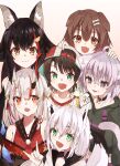  6+girls :d ahoge animal_collar animal_ears backwards_hat baseball_cap bell black_collar black_hair black_hoodie black_kimono braid brown_hair cat_ears cat_girl center-flap_bangs closed_mouth collar demon_girl demon_horns detached_sleeves dog_ears dog_girl dot_nose double-parted_bangs double_bun eating fang fangs flipped_hair flower_knot food fox_ears fox_girl fox_shadow_puppet fox_tail front_slit gold_trim gradient_background green_eyes hair_between_eyes hair_bun hair_ornament hat highres holding holding_food hololive hololive_gamers hood hooded_vest hoodie horns inugami_korone inugami_korone_(1st_costume) japanese_clothes jingle_bell kimono long_hair long_sleeves looking_at_another looking_at_viewer multicolored_hair multiple_girls nakiri_ayame nakiri_ayame_(1st_costume) nekomata_okayu nekomata_okayu_(1st_costume) off_shoulder oni onigiri ookami_mio ookami_mio_(1st_costume) oozora_subaru oozora_subaru_(1st_costume) open_mouth orange_eyes pom_pom_(clothes) purple_eyes purple_hair red_hair red_kimono shirakami_fubuki shirakami_fubuki_(1st_costume) shirt short_hair side_braid sidelocks sleeveless sleeveless_kimono smile spiked_hair strapless streaked_hair striped_clothes striped_shirt swept_bangs t-shirt tail tamago_nezumi tassel two-tone_headwear two-tone_shirt two_side_up vertical-striped_clothes vertical-striped_shirt very_long_hair vest virtual_youtuber white_hair white_sleeves wolf_ears wolf_girl 
