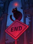  aikee animal black_cat cat moon night night_sky original outdoors red_moon road_sign sign signature sky tree 