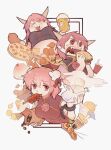  3girls bag bangs baozi beer_mug blush boned-woo breasts bubble_tea burger chain chicken_leg chicken_nuggets cuffs cup dango double_bun drinking_glass drinking_straw eyebrows_visible_through_hair fat flower food food_on_face french_fries grocery_bag highres horns ibaraki_douji&#039;s_arm ibaraki_douji_(touhou) ibaraki_kasen ice_cream large_breasts long_hair mug multiple_girls multiple_persona oni_horns open_mouth pink_eyes pink_flower pink_hair pink_rose pizza pointy_ears rose shackles sharp_teeth shopping_bag short_hair sweatdrop tabard takoyaki teeth touhou wagashi 