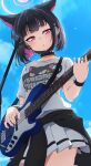  1girl animal_ears black_choker black_hair black_jacket blue_archive blue_sky cat_ears choker clothes_around_waist cloud colored_inner_hair commentary_request guitar hair_ornament hairpin halo highres holding holding_guitar holding_instrument instrument jacket jacket_around_waist kazusa_(band)_(blue_archive) kazusa_(blue_archive) looking_at_viewer menchi-men microphone multicolored_hair official_alternate_costume partial_commentary pink_eyes pink_hair pink_halo shirt short_hair skirt sky solo white_shirt white_skirt 