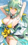  1girl aqua_kimono bikini breasts day dragon_girl dragon_horns fate/grand_order fate_(series) front-tie_bikini front-tie_top green_hair highres horns japanese_clothes kimono kiyohime_(fate) kiyohime_(swimsuit_lancer)_(fate) long_hair medium_breasts morizono_shiki multi-strapped_bikini multiple_horns obi off_shoulder outdoors sash solo swimsuit thighhighs white_legwear yellow_bikini yellow_eyes 