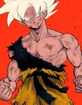  1boy belt black_belt blonde_hair blood blood_from_mouth closed_mouth collarbone cowboy_shot dragon_ball hair_up highres kz_(dbz_kz) light_particles looking_to_the_side male_focus muscular muscular_male nipples pectorals red_background scar scar_on_arm scar_on_chest scar_on_face solo son_goku super_saiyan torn_clothes v-shaped_eyebrows 