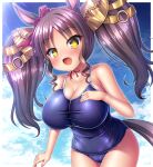  +_+ 1girl animal_ears blush breasts brown_hair cleavage collarbone commentary_request curvy fang horse_ears horse_tail large_breasts looking_at_viewer marvelous_sunday_(umamusume) open_mouth oppai_loli plump school_swimsuit sky sweat swimsuit tail takeponi twintails umamusume yellow_eyes 