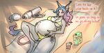  anthro bahati_dazzle_(indigobx) beach beach_towel bikini bikini_bottom bikini_top blue_hair breasts canid canine canis clothing domestic_dog english_text erection erection_under_clothing gradient_hair gynomorph hair holding_belly hybrid ibizan_hound indigobx intersex long_ears long_hair long_tail lying mammal nipple_outline on_back orange_eyes orange_sclera pink_hair pregnant primitive_dog primitive_hunting_dog solo swimwear tail tenting text towel 