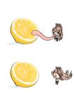  1girl brown_hair chibi commentary feather_hair_ornament feathers food fruit full_body hair_ornament highres hololive hololive_english lemon lemon_slice long_hair long_tongue meme nanashi_mumei nanashi_mumei_(1st_costume) naraicat ponytail simple_background sour_(taste) standing tongue very_long_hair very_long_tongue virtual_youtuber white_background 