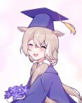  1girl absurdres animal_ears biscotti_(vtuber) blush bouquet closed_eyes flower graduation hair_flower hair_ornament hair_scrunchie hat highres horse_ears horse_girl hyuni_(hyunicat) long_hair low_twintails mortarboard multicolored_hair open_mouth pink_flower purple_flower purple_hat scrunchie smile solo streaked_hair twintails upper_body v4mirai virtual_youtuber white_hair white_scrunchie yellow_tassel 