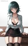  1girl belt black_bra black_skirt black_thighhighs bra breasts fubuki_(one-punch_man) garter_straps glasses green_eyes grey_hair highres jewelry large_breasts long_sleeves looking_at_viewer miniskirt necklace office_lady one-punch_man open_clothes open_shirt ring ryuuneart shirt short_hair skirt solo table thighhighs thighs underwear white_shirt 