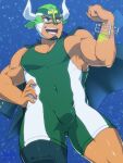  1boy animal_ears ass_visible_through_thighs bara biceps bodysuit bulge covered_navel cow_ears cow_horns dark-skinned_male dark_skin facial_hair fake_animal_ears feet_out_of_frame from_below goatee green_bodysuit horns jacket jacket_on_shoulders knee_pads large_pectorals male_focus mature_male muscular muscular_male pectoral_cleavage pectorals shiny shiny_skin short_hair sidepec skin_tight smile solo starry_background taurus_mask thick_thighs thighs tokyo_afterschool_summoners wrestling_mask wrestling_outfit yowaifish 