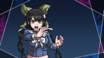  1girl bell black_hair blue_background blue_shirt blue_sleeves blunt_bangs bow bowtie breasts buttons choker collared_shirt commentary_request cowboy_shot danganronpa_(series) danganronpa_v3:_killing_harmony eyelashes fighting_stance floral_print green_bow green_eyes hair_bow hair_ornament hair_ribbon hairband large_breasts long_hair long_sleeves low_twintails midriff mole mole_under_mouth navel neck_bell official_style open_mouth outside_border parody pink_choker pink_hairband pocket polka_dot polka_dot_background ribbon sailor_collar sailor_shirt shirt simple_background solo style_parody teeth twintails upper_teeth_only v-shaped_eyebrows very_long_hair white_bow white_bowtie white_ribbon white_sailor_collar yumaru_(marumarumaru) 