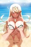  1girl absurdres awesomeerix bangs blonde_hair breast_grab breasts chest_jewel gem grabbing headpiece highres large_breasts long_hair mythra_(radiant_beach)_(xenoblade) mythra_(xenoblade) one-piece_swimsuit ribbed_swimsuit strapless strapless_swimsuit striped striped_swimsuit swept_bangs swimsuit tiara vertical-striped_swimsuit vertical_stripes very_long_hair white_swimsuit xenoblade_chronicles_(series) xenoblade_chronicles_2 yellow_eyes 