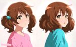  1girl alternate_hairstyle aqua_shirt artist_name brown_eyes brown_hair commentary_request expressionless hair_bobbles hair_ornament hibike!_euphonium highres long_sleeves looking_at_viewer medium_hair oumae_kumiko parted_lips pink_shirt shirt twintails upper_body usagihop variations 