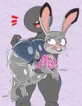 ambiguous_gender anthro big_butt blush bottomwear breasts buckteeth butt carrying_another clothing dipstick_ears disney duo ear_markings english_text female hi_res huge_butt huge_thighs judy_hopps lagomorph leporid mammal multicolored_ears onomatopoeia open_mouth purple_eyes purple_yoshi_draws rabbit shirt shorts sound_effects teeth text thick_thighs topwear zootopia