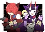  1boy 1girl animal_ears blue_bow blush border bow character_doll elbow_gloves fate/grand_order fate_(series) fuuma_kotarou_(fate) gloves hair_over_eyes horns ibaraki_douji_(fate) kaidou_j1 looking_at_viewer minamoto_no_raikou_(fate) open_mouth paw_pose purple_eyes purple_hair red_bow red_hair revealing_clothes sakata_kintoki_(fate) short_hair shuten_douji_(fate) skin-covered_horns twitter_username werewolf_costume white_border 