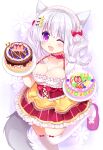  1girl ;d animal_ears breasts cake cleavage collarbone commentary_request fang floral_background food fox_ears fox_girl fox_tail frilled_skirt frills hair_ornament hairclip highres medium_breasts one_eye_closed open_mouth original purple_eyes red_footwear red_skirt shikito shoes skirt smile solo standing standing_on_one_leg star_(symbol) star_hair_ornament striped striped_skirt tail thighhighs vertical-striped_skirt vertical_stripes white_hair white_legwear 